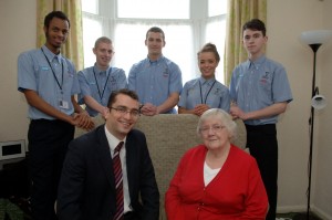 Trainees (l-r): Omar Abdillahi, Kieran Faulkner, Sean Barnes, Lily May Stanton and Luke Gillard with Councillor Moore and Mrs Joan Gibbons 