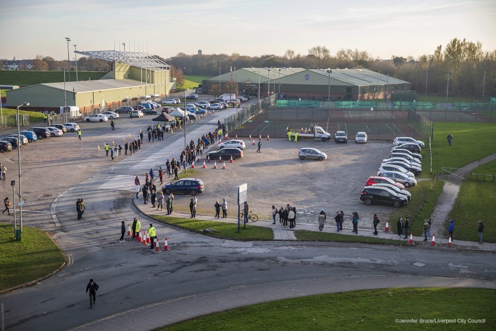 LIVERPOOL, ENGLAND. A view of the queue at the Liverpool Tennis Centre one of the Covid-19 mass testing sites in Liverpool. 6 November 2020.