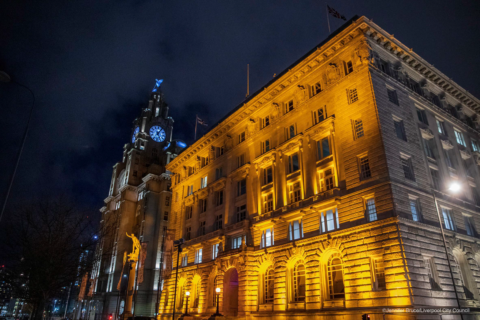 Cunard Building lit orange