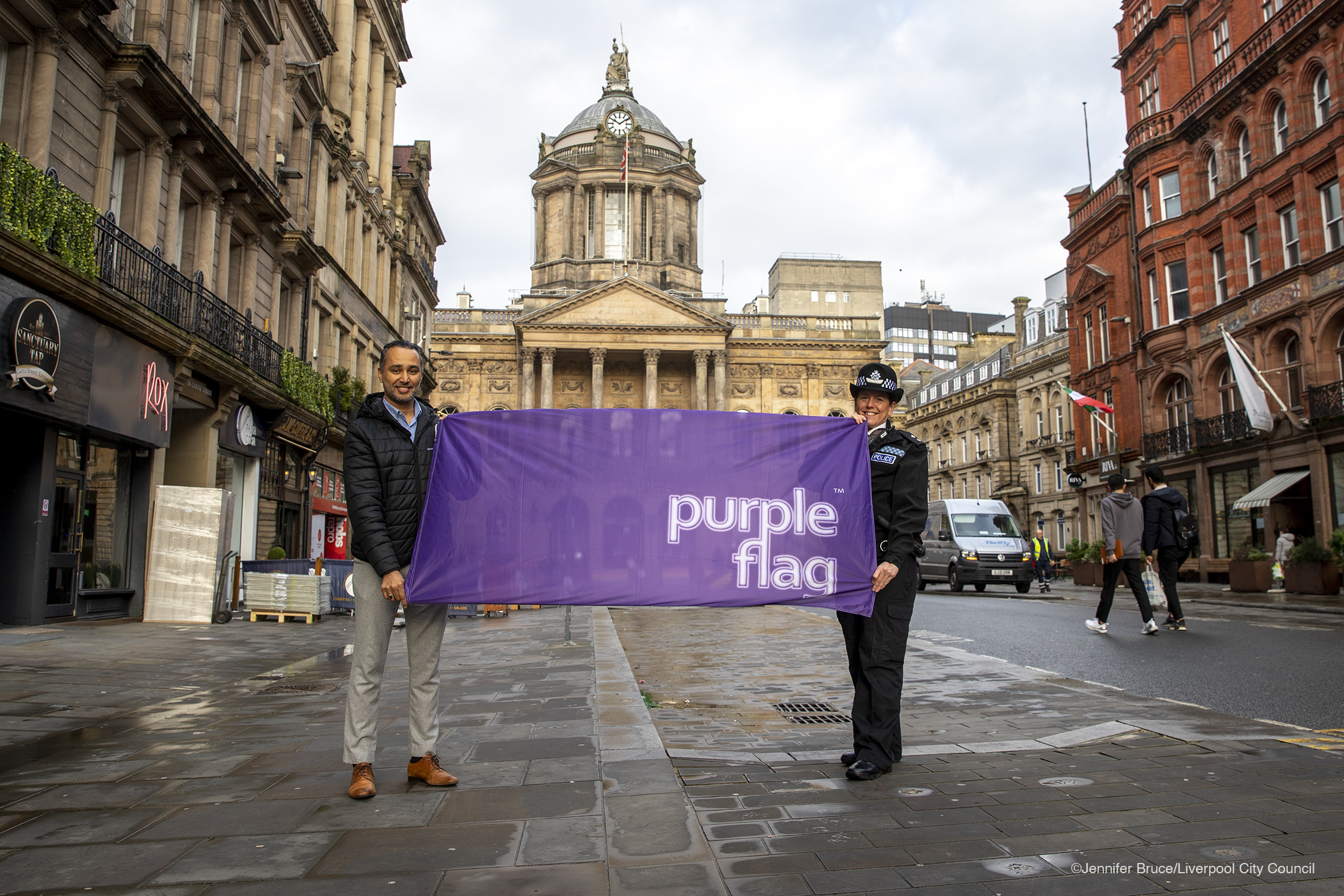 Cllr Abdul Qadir and Inspector Charlotte Irlam with Liverpool's Purple Flag