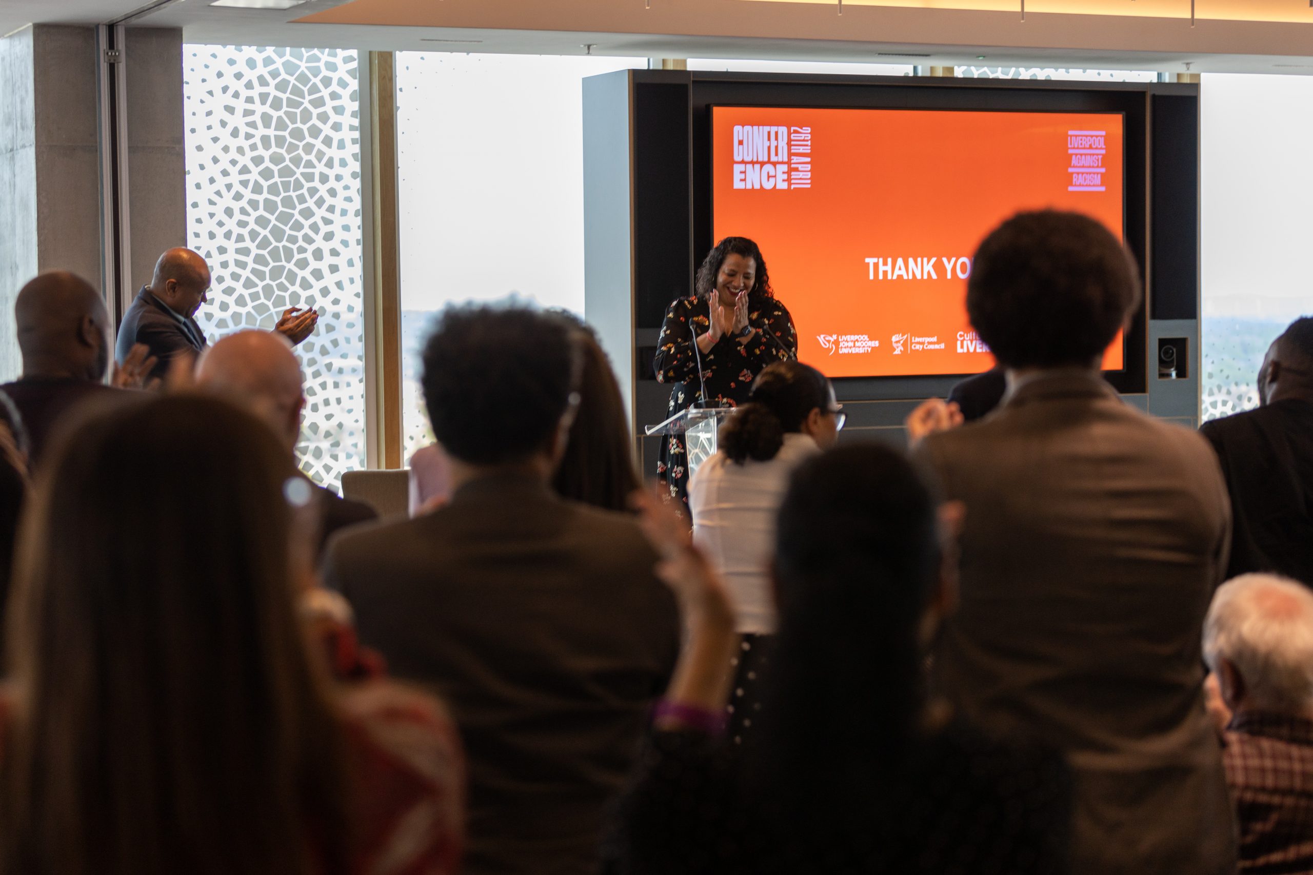 Mayor Joanne Anderson on stage at the Liverpool Against Racism Conference