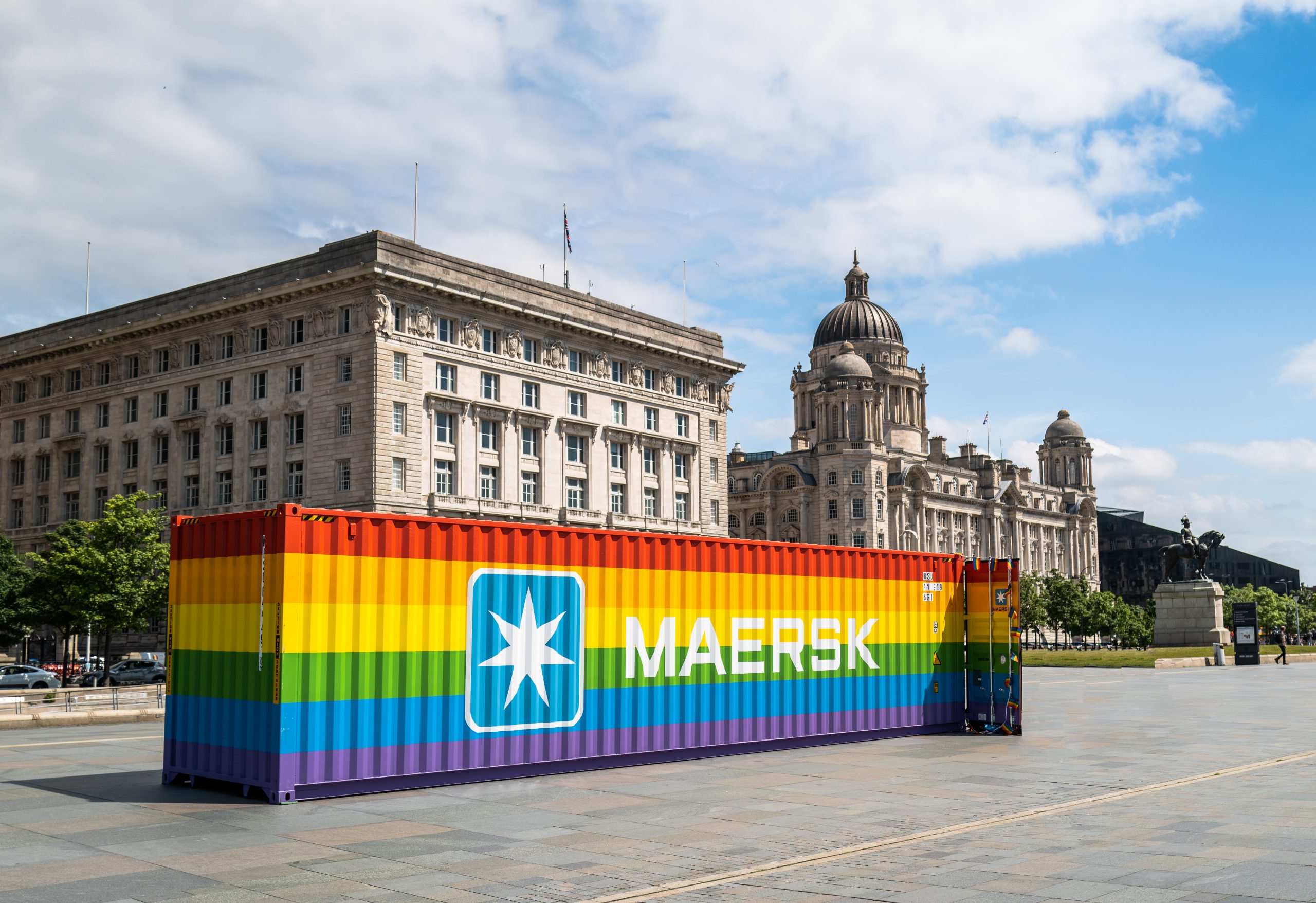 A rainbow-coloured shipping container on Liverpool waterfron
