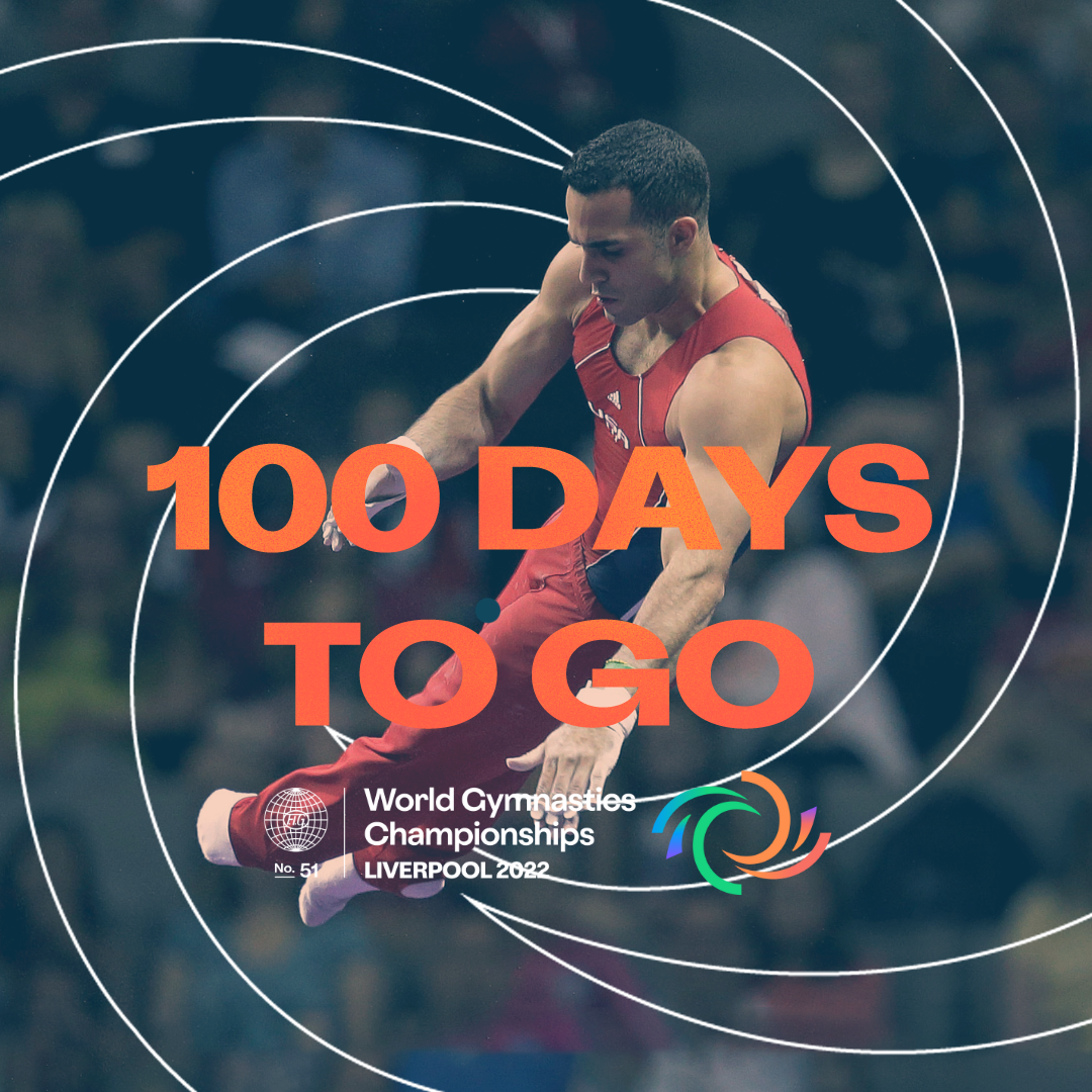 Male gymnast mid-air with the words '100 days to go' over written.