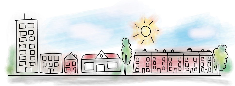 Cartoon drawing of a community street