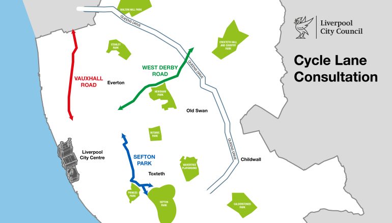 Map of three proposed permanent cycle lanes in Liverpool