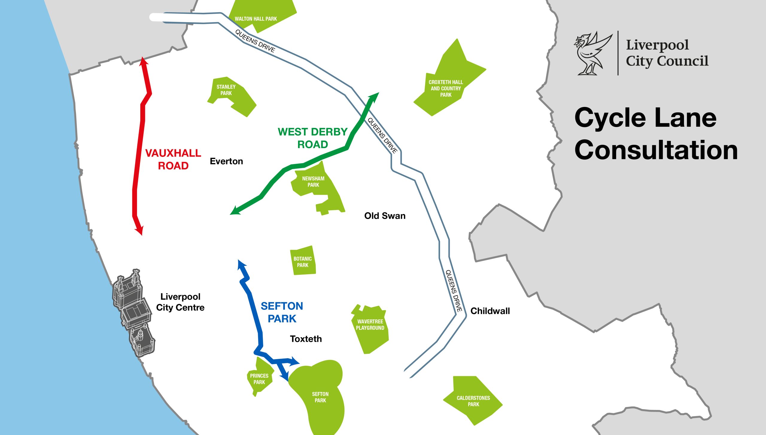 Map of three proposed permanent cycle lanes in Liverpool