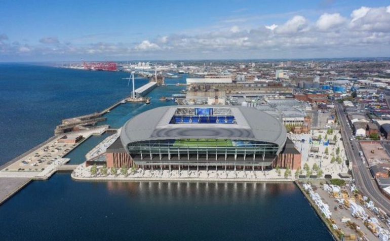 Aerial pic of Everton Stadium under construction at Bramley Moore Dock