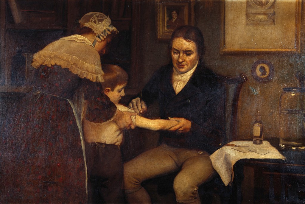 Vaccination: "Dr Jenner performing his first vaccination, 1796". Oil painting by Ernest Board.