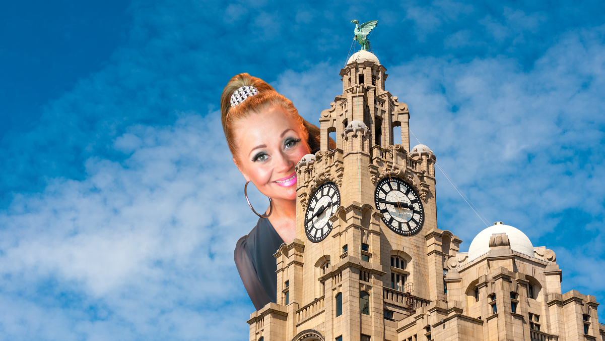Image of Sonia hiding behind the Liver Building