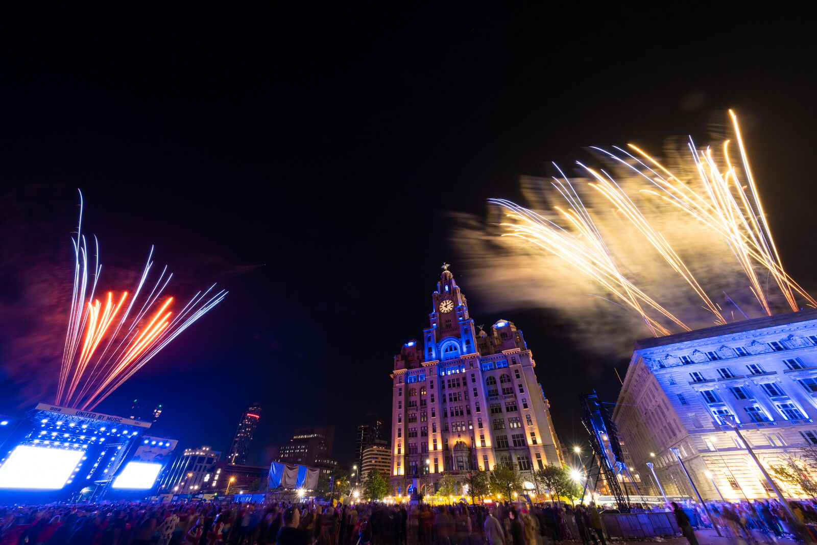 Fireworks from the Eurovision Village stage at the Pier Head adn from the Cunard Building
