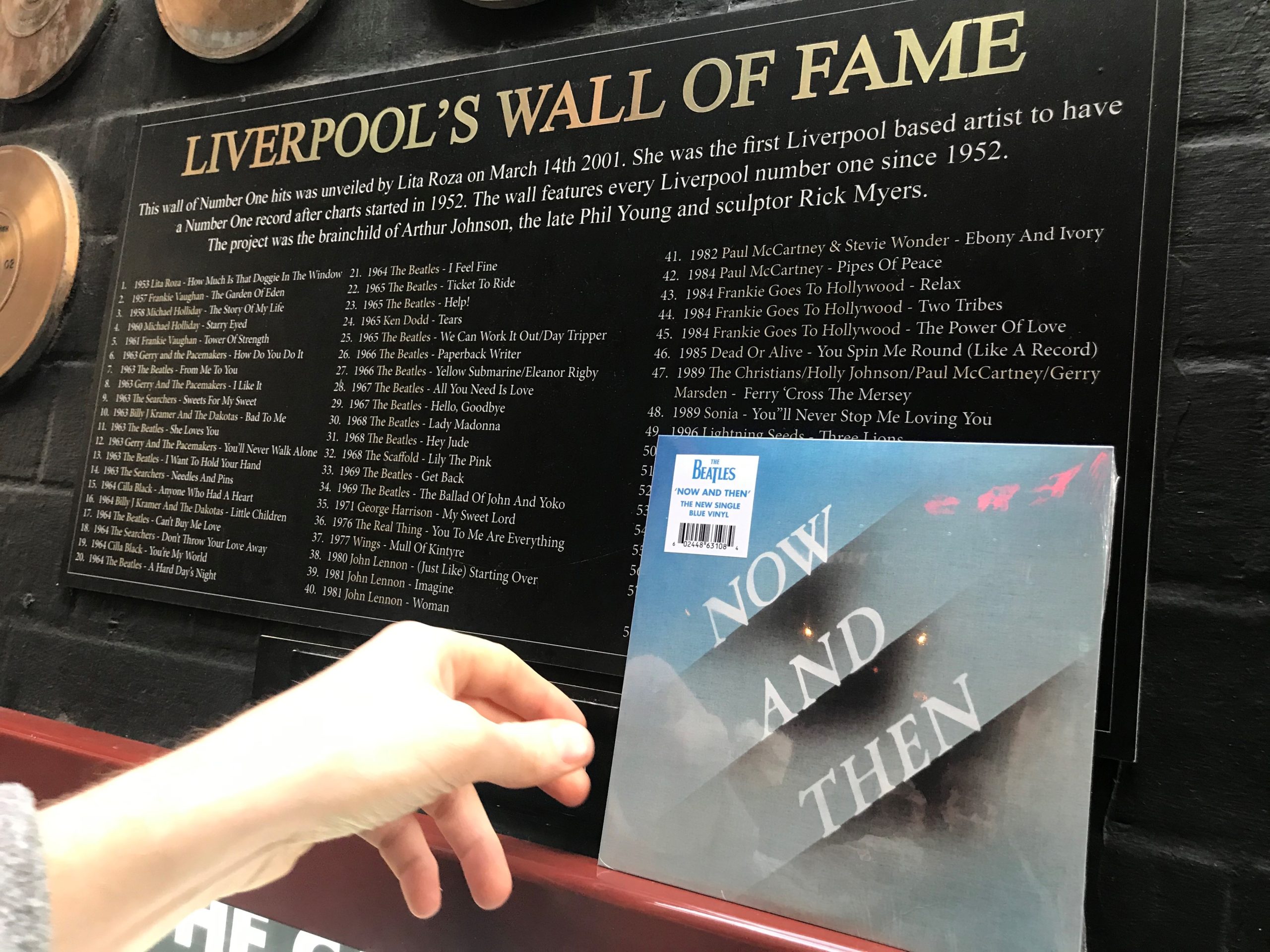 The Beatles' last single Now and Then is to be latest addition to city's Pop Music Wall of Fame of No 1 hits