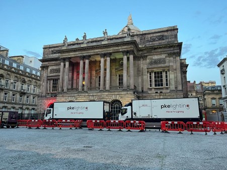 Film crew units set up outside Liverpool Town Hall in Exchange Flags