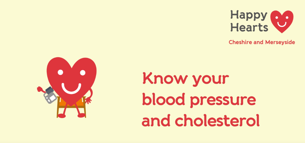 The image shows a smiling red heart-shaped character holding a blood pressure monitor, accompanied by the text "Know your blood pressure and cholesterol" in bold red font. The "Happy Hearts" logo appears in the top right corner, along with "Cheshire and Merseyside" below it. The background is light yellow, and the overall style is playful and health-focused.