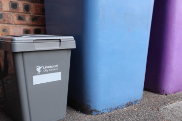 A grey food waste caddy next to a blue and purple wheeled bin.